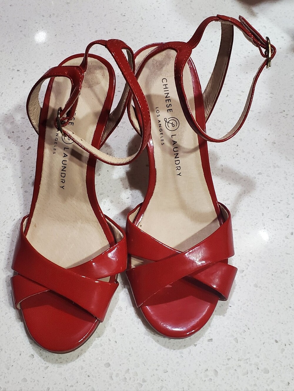 Chinese Laundry Glossy Red Crisscross Ankle-Strap Heels